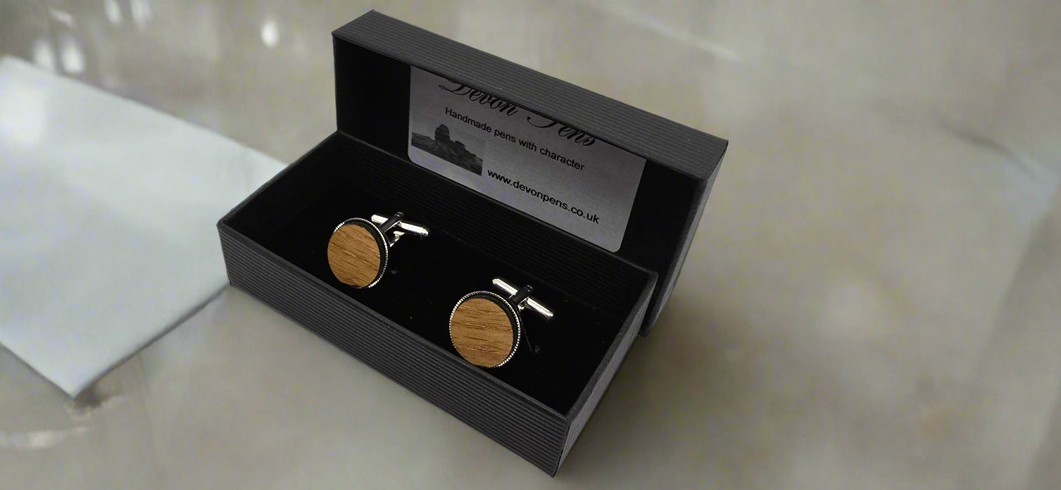 HMS Victory Oak Cufflinks - Silver plated round 