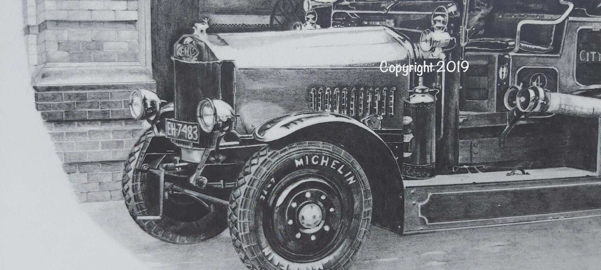 1928 Dennis Fire Engine print from an original pencil drawing. DevonPens