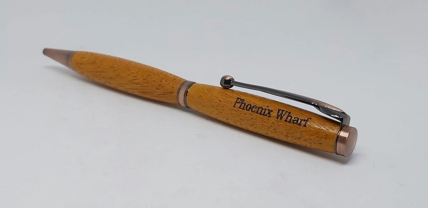 Ballpoint pen handmade in Iroko wood from Phoenix Wharf, Plymouth. DevonPens