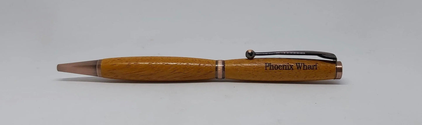 Ballpoint pen handmade in Iroko wood from Phoenix Wharf, Plymouth. DevonPens