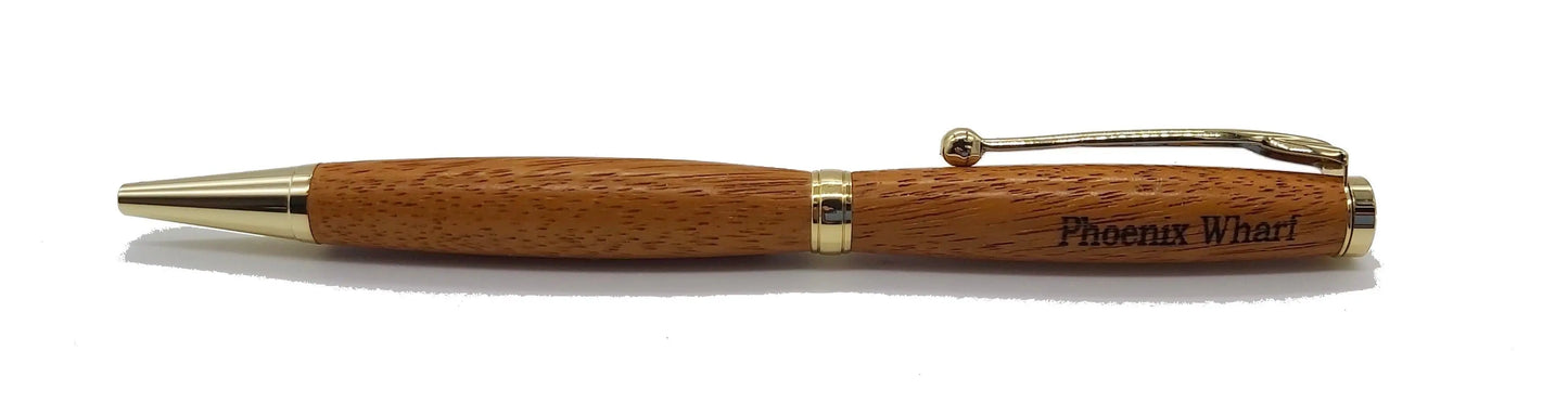 Ballpoint pen handmade in Iroko wood from Phoenix Wharf, Plymouth. DevonPens