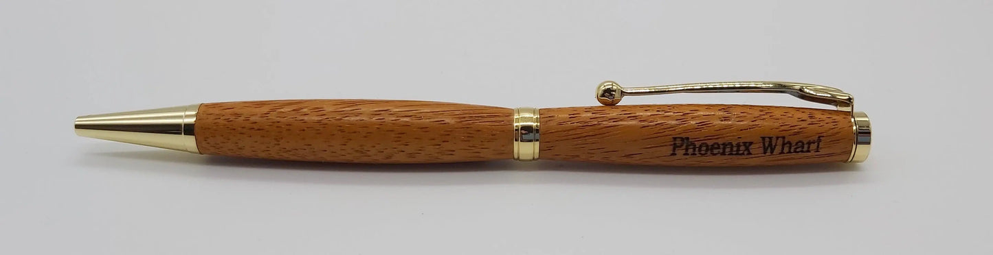 Ballpoint pen handmade in Iroko wood from Phoenix Wharf, Plymouth. DevonPens