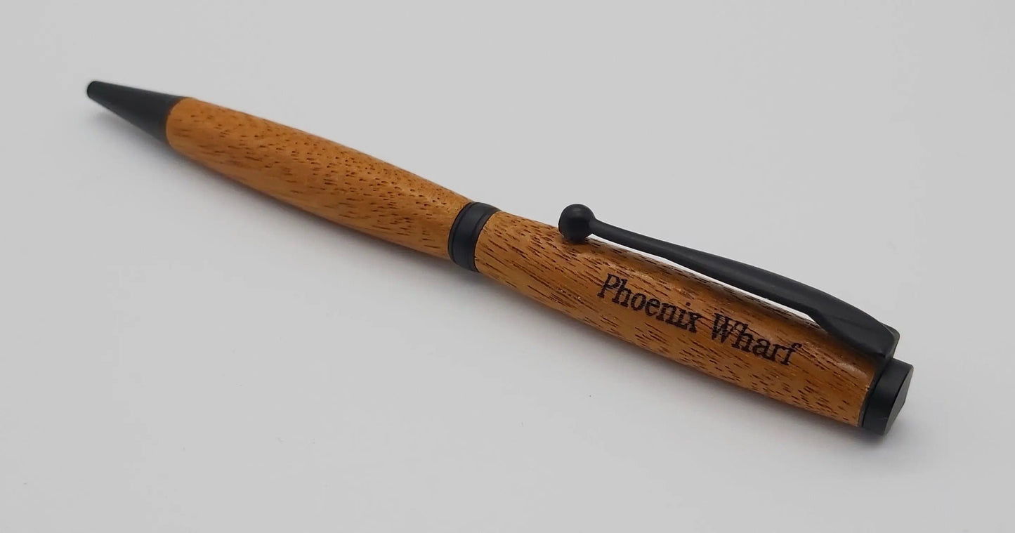 Ballpoint pen handmade in Iroko wood from Phoenix Wharf, Plymouth. DevonPens