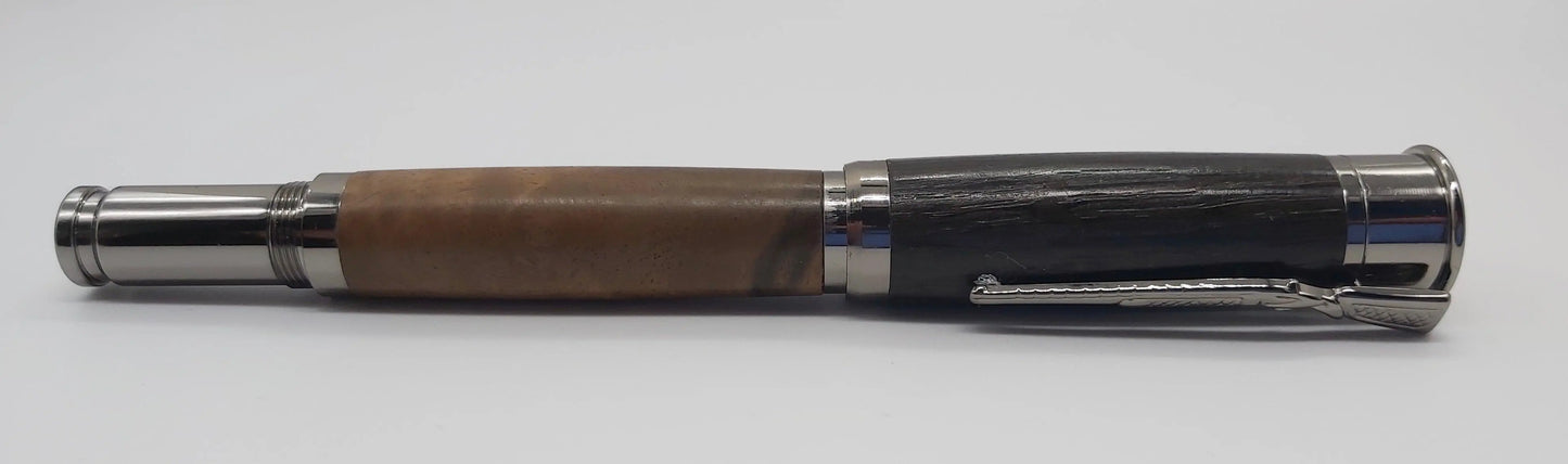 Over and under Rollerball pen with English bog oak and Turkish Walnut. DevonPens